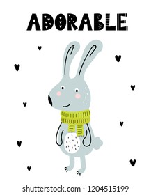 Vector poster with cartoon cute rabbit for kids and funny slogan in scandinavian style. Hand drawn graphic zoo. Perfect for baby shower, postcard, label, brochure, flyer, page, banner design.
