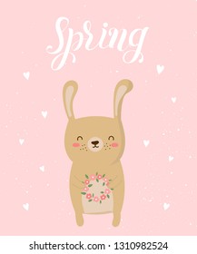 Vector poster with cartoon cute rabbit and spring slogan. Perfect for baby shower, postcard, label, brochure, flyer, page, banner design. Spring holidays
