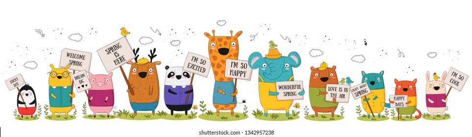 Vector poster with cartoon funny animals with a transparency with the spring slogan. Perfect for baby shower, postcard, label, brochure, flyer, page, banner design, shirt print.