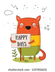 Vector poster with cartoon funny cat with a transparency with the spring slogan. Perfect for baby shower, postcard, label, brochure, flyer, page, banner design, shirt print.