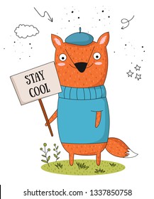 Vector poster with cartoon funny fox with a transparency with the spring slogan. Perfect for baby shower, postcard, label, brochure, flyer, page, banner design, shirt print.
