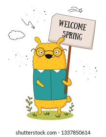 Vector poster with cartoon funny lama with a transparency with the spring slogan. Perfect for baby shower, postcard, label, brochure, flyer, page, banner design, shirt print.
