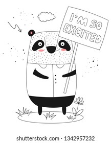 Vector poster with cartoon funny panda with a transparency and slogan. Perfect for baby shower, postcard, label, brochure, flyer, page, banner design, shirt print.