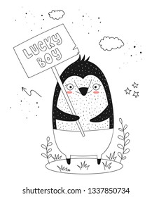 Vector poster with cartoon funny penguin with a transparency. Perfect for baby shower, postcard, label, brochure, flyer, page, banner design, shirt print.