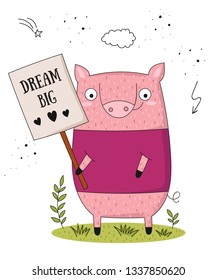Vector poster with cartoon funny pig with a transparency with the spring slogan. Perfect for baby shower, postcard, label, brochure, flyer, page, banner design, shirt print.