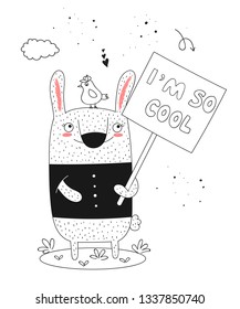 Vector poster with cartoon funny rabbit with a transparency. Perfect for baby shower, postcard, label, brochure, flyer, page, banner design, shirt print.
