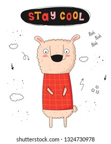 Vector poster with cartoon funny sheep and hipster slogan. Perfect for baby shower, postcard, label, brochure, flyer, page, banner design, shirt print.