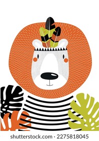 Afiche vectorial con león de caricatura. Cara de león. Animal africano. Cartel, postal, invitación