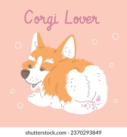 Afiche vectorial con dibujos animados sonriendo a la espalda del perro Corgi. Corgi cachorro crema de perro peludo. Ilustración del carácter de mascotas con letras en fondo beige