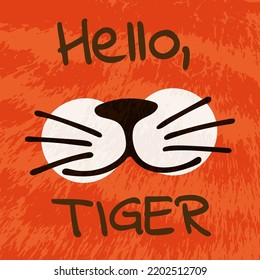 vector poster, cat nose, tiger icon. on the background of tiger stripes - fully vector texture. hello tiger