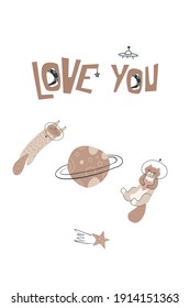 Vector poster with cats in space flying around Saturn. Pastel colored card in minimalist style with animals. 