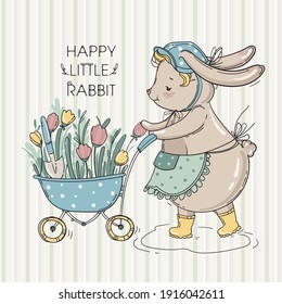Vector poster for children.  Cute rabbit gardener with flowers, on a striped background.  Pastel colors.  Summer print.