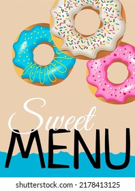 Vector poster for a children's menu in a café. Flyer design with donuts in blue, white and pink. Menu cover mockup for bakery on beige background