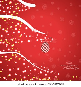Vector poster with Christmas ball with butterfly pattern cut from paper hanging on a Christmas tree on red gradient background with snowflakes.