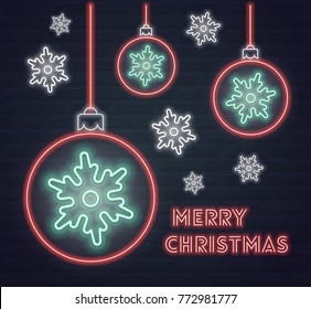 Vector poster with christmas balls and snowflakes in neon style