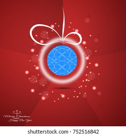 Vector poster of Christmas blue ball with stripe, abstract pattern and shadow on the red gradient paper background with snowflakes and fold lines.