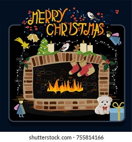 vector poster of Christmas with fireplace, text, angels, gift, puppy, candles, bird, Christmas tree, bell, socks, comet and lights. great poster for Christmas party invitation card, greeting card 