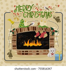vector poster of Christmas with fireplace, text, angels, gift, puppy, candles, bird, Christmas tree, bell, socks, comet and lights. great poster for Christmas party invitation card and greeting card