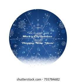 Vector poster for Christmas and Ney Year holidays on the gradient blue background with circle cutout, snowflakes and snowfall.
