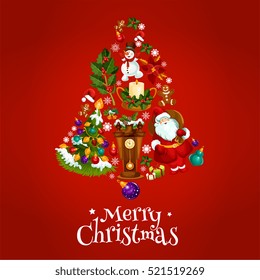 Vector poster with Christmas symbols of jingle bell, balls, santa claus, gifts, sweets, clock, tree with garland lights, gingerbread cookies, candles, biscuits, champagne bottle, snow on fir cones