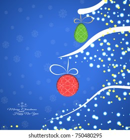 Vector poster with Christmas tree and balls with abstract pattern cut from paper with shadow on the blue gradient background with snowflakes.