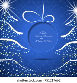 Vector poster with Christmas trees and silhouette of Christmas ball with stripe and shadow cut from paper on the blue gradient background with abstract pattern.