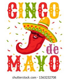 Vector poster for Cinco de mayo wiht red mexican chilli. Chili in sombrero. Cinco de mayo festive.