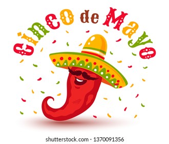 Vector poster for Cinco de mayo wiht red mexican chilli. Chili in sombrero. Cinco de mayo festive.