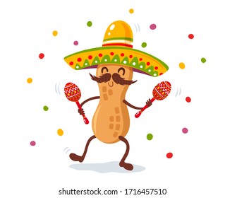 Vector poster for Cinco de mayo with peanut with mexican sombrero and maracas. Vector illustration of peanut in sombrero for Cinco de mayo festival. 