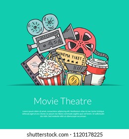 Vector poster cinema doodle icons background with place for text illustration