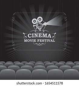 Vector poster for a cinema festival with a retro movie projector and inscription. Black and white illustration with cinema hall. Empty movie theater. Suitable for advertising banner, flyer, background