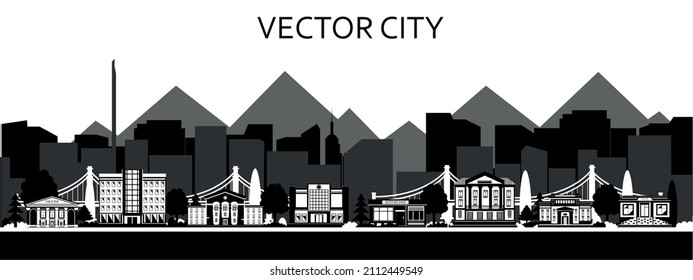 Vector poster with the city in black and white. Modern city with trees, buildings and a bridge