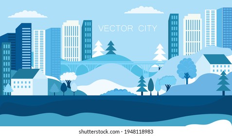 Vector poster with the city in blue. Modern city with trees, buildings and a bridge.