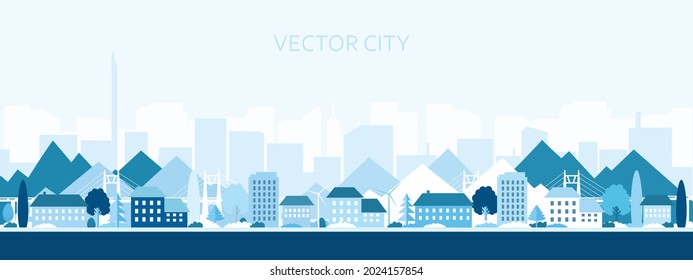 Vector poster with the city in blue. Modern city with trees, buildings and a bridge.