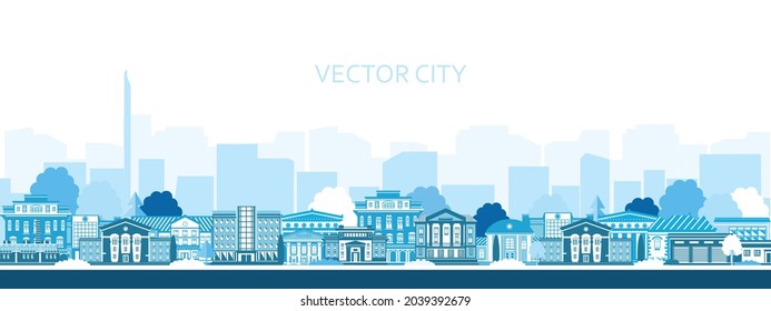 Vector poster with the city in blue. Panoramic view of the city with city buildings. 