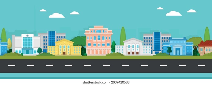 Vector poster with city buildings view with road. City street view.