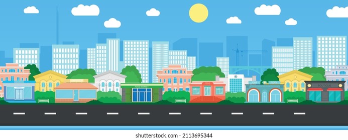 Afiche vectorial con vistas a los edificios de la ciudad. Vista de la ciudad por la calle.	