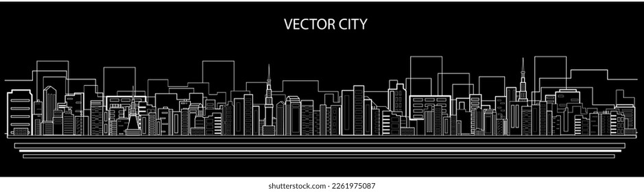Vector poster with city landscape in black and white. Line art style.