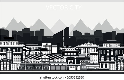 Vector poster with city view in black and white colors. Modern city. City buildings.