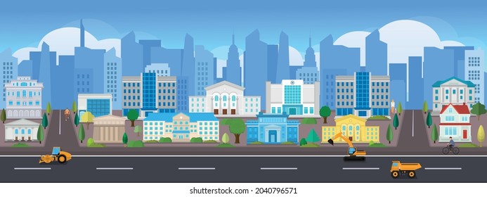 Vector poster with city view. Panoramic view. Modern skyscrapers and houses.