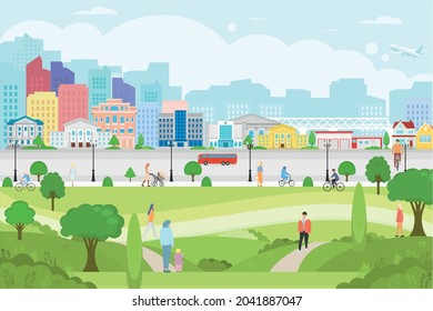 Vector poster with city view. City park with people. Modern city with skyscrapers, road and trees.