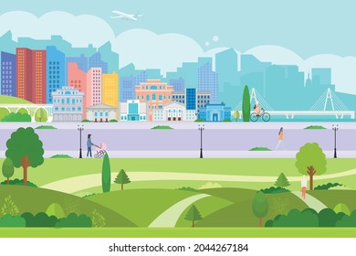 Vector poster with city view. City park with people. Modern city with skyscrapers, road and trees.