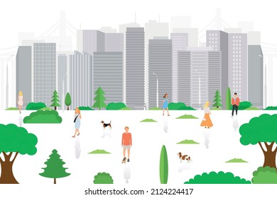 Afiche vectorial con vistas a la ciudad con la gente. Ciudad moderna con rascacielos.	