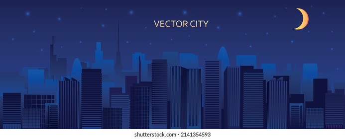 Vector poster with city view. Urban landscape with skyscrapers  Panoramic view. 	Night city with moon.