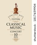 Vector poster for a classical music concert or festival with a violin and bow in retro style on a light background