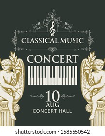 Vector poster for classical music concert with piano keys and hand-drawn sculptures of angels in retro style on a black backdrop. Suitable for playbill, flyer, invitation, other promotional materials