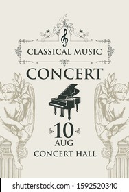 Vector poster for classical music concert with grand piano and contour drawings of angels in retro style on a light background. Suitable for flyer, invitation, playbill, web design