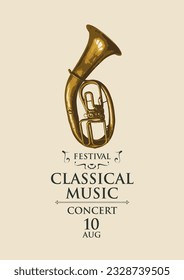 Vector poster for classical music concert or festival with wind instruments trumpet brass in retro style on a light background