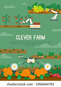 Afiche vectorial del concepto de granja inteligente. Quadcopter recopiló datos sobre las hortalizas. Combine está recolectando cosecha, la máquina de control de plagas está trabajando en camas. Ilustración de la tecnología de plantación y jardinería