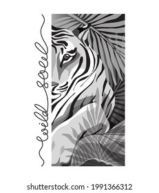 Vector poster with closeup tiger`s face at tropical leaves jungle backround in black and white colors. 2022 chinese lunar new year zodiac symbol. Wild soul - lettering. For t shirt print, card, flyer